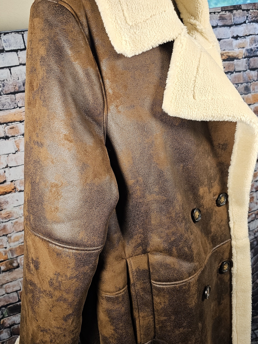 Frye Shearling Sherpa Faux Leather Long Trench Coat Jacket Large Brown Cream - Picture 3 of 5